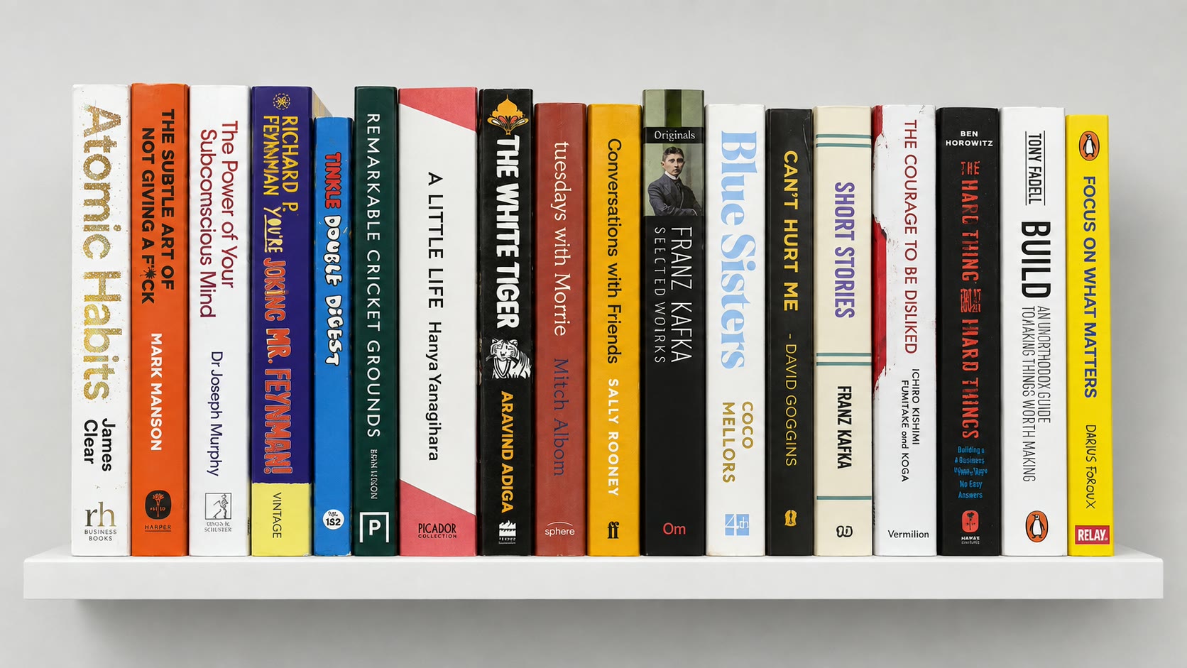 A shelf of Vee's books, among them Atomic Habits, A Little Life, The White Tiger, Blue Sisters, Build and a Franz Kafka collection.